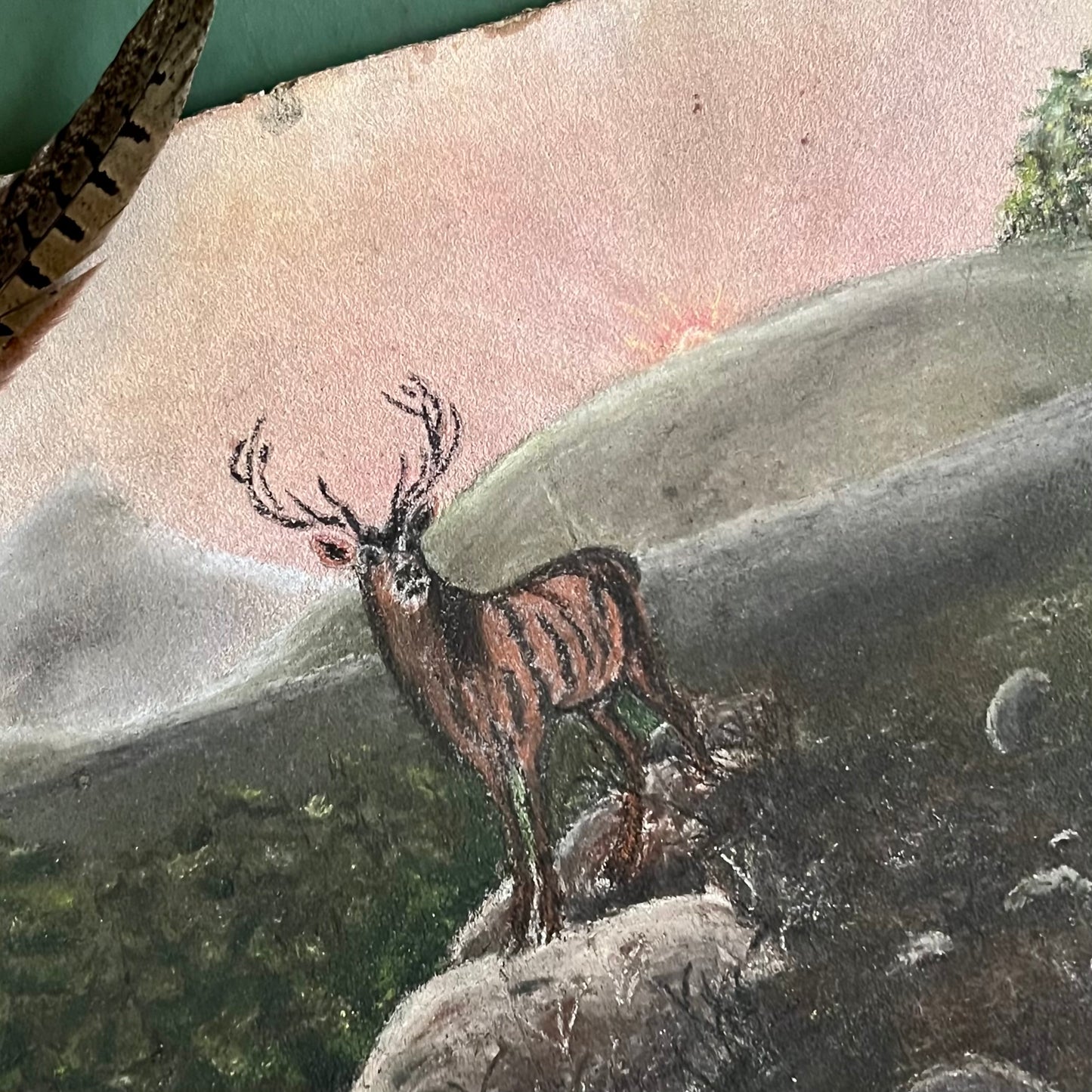 Rustic Chalk Landscape Painting with Elk (c.1950s)