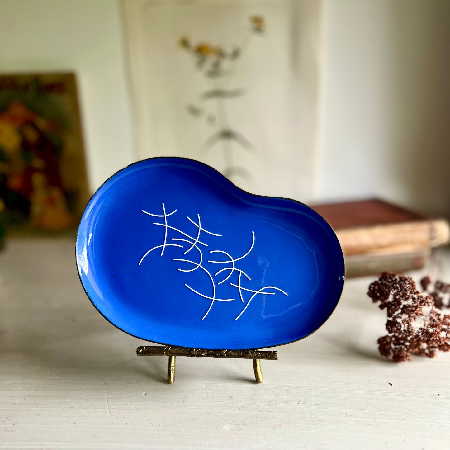 Mid Century Abstract Blue Enamel on Copper Dish by Betty Crow