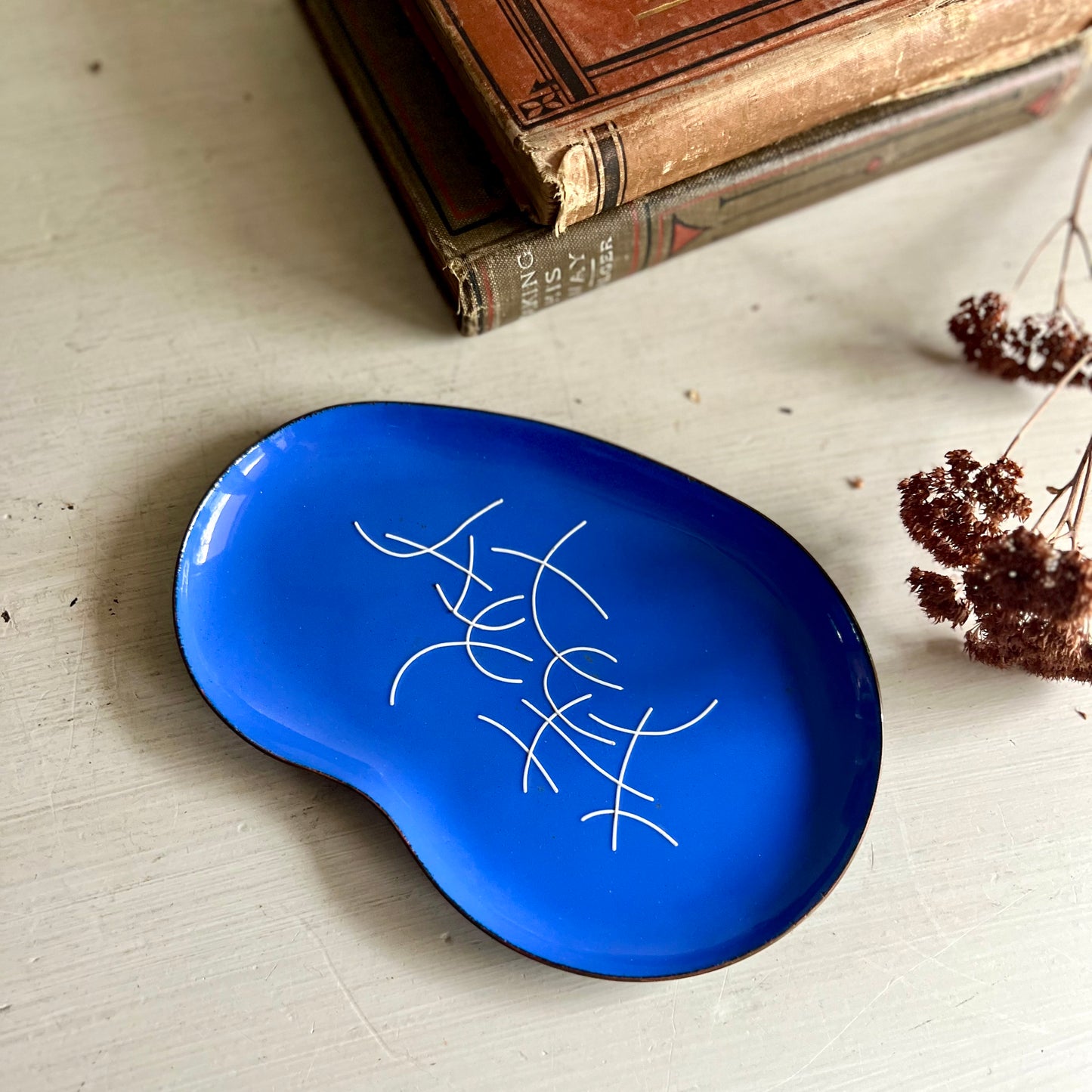 Mid Century Abstract Blue Enamel on Copper Dish by Betty Crow