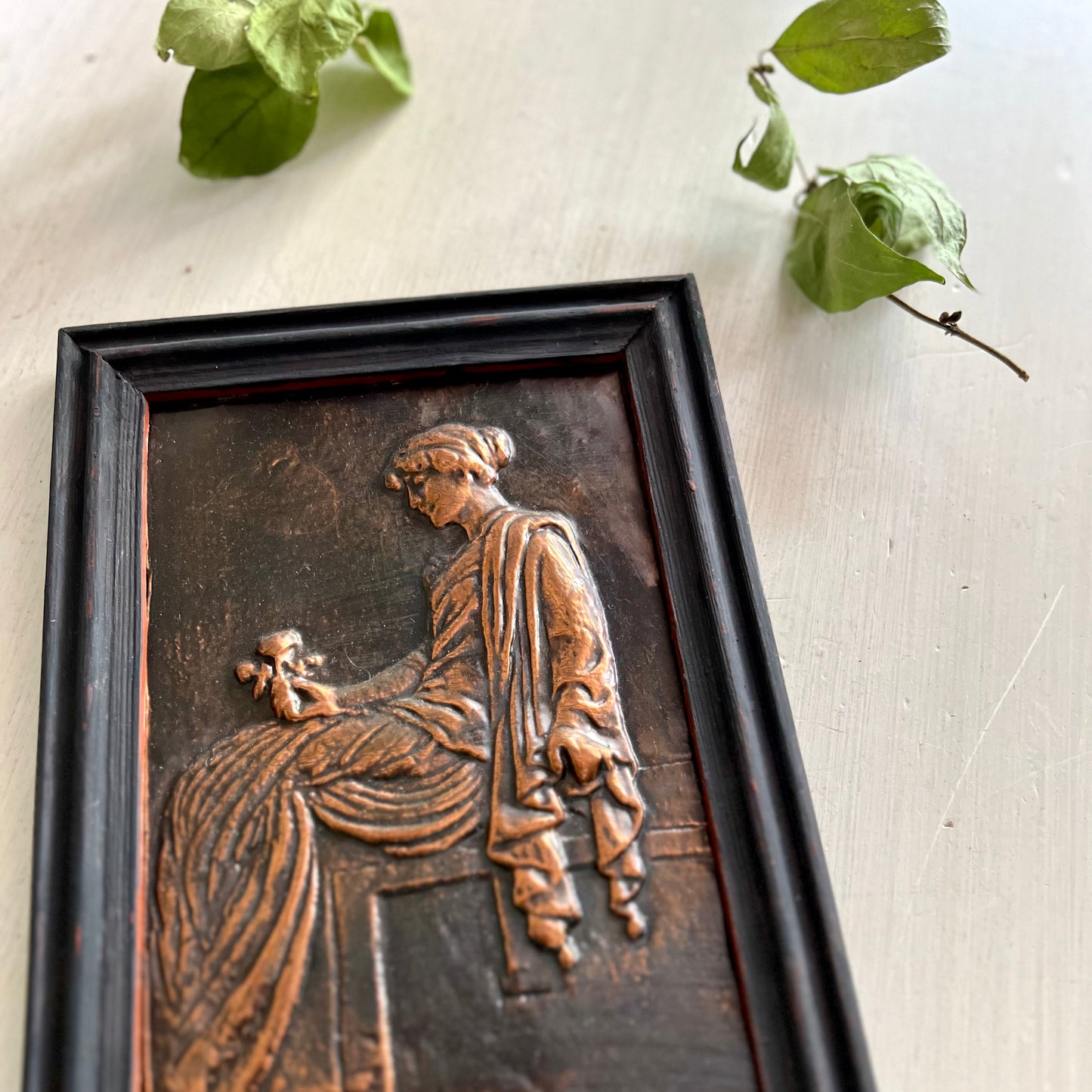 Framed Copper Repousse of Juliet Holding Flower
