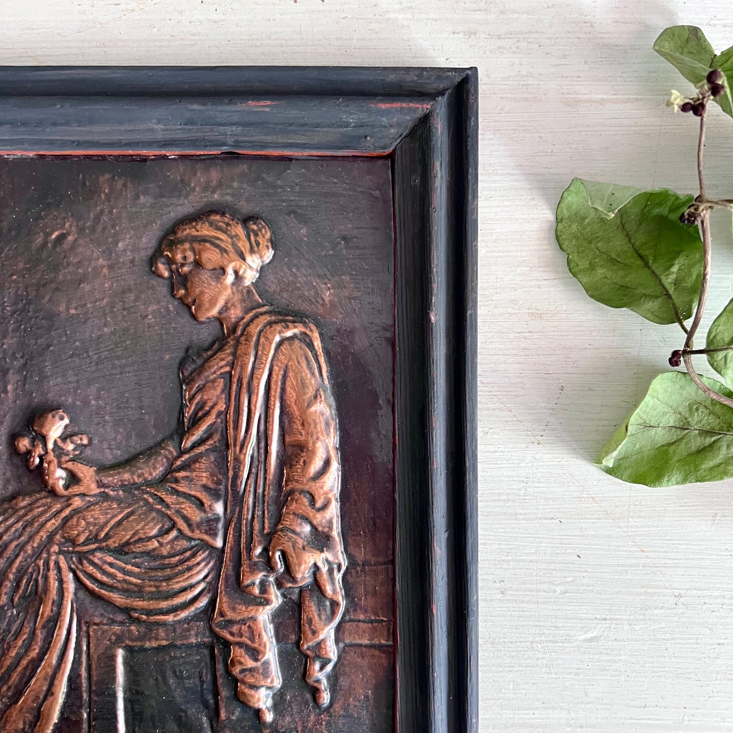 Framed Copper Repousse of Juliet Holding Flower