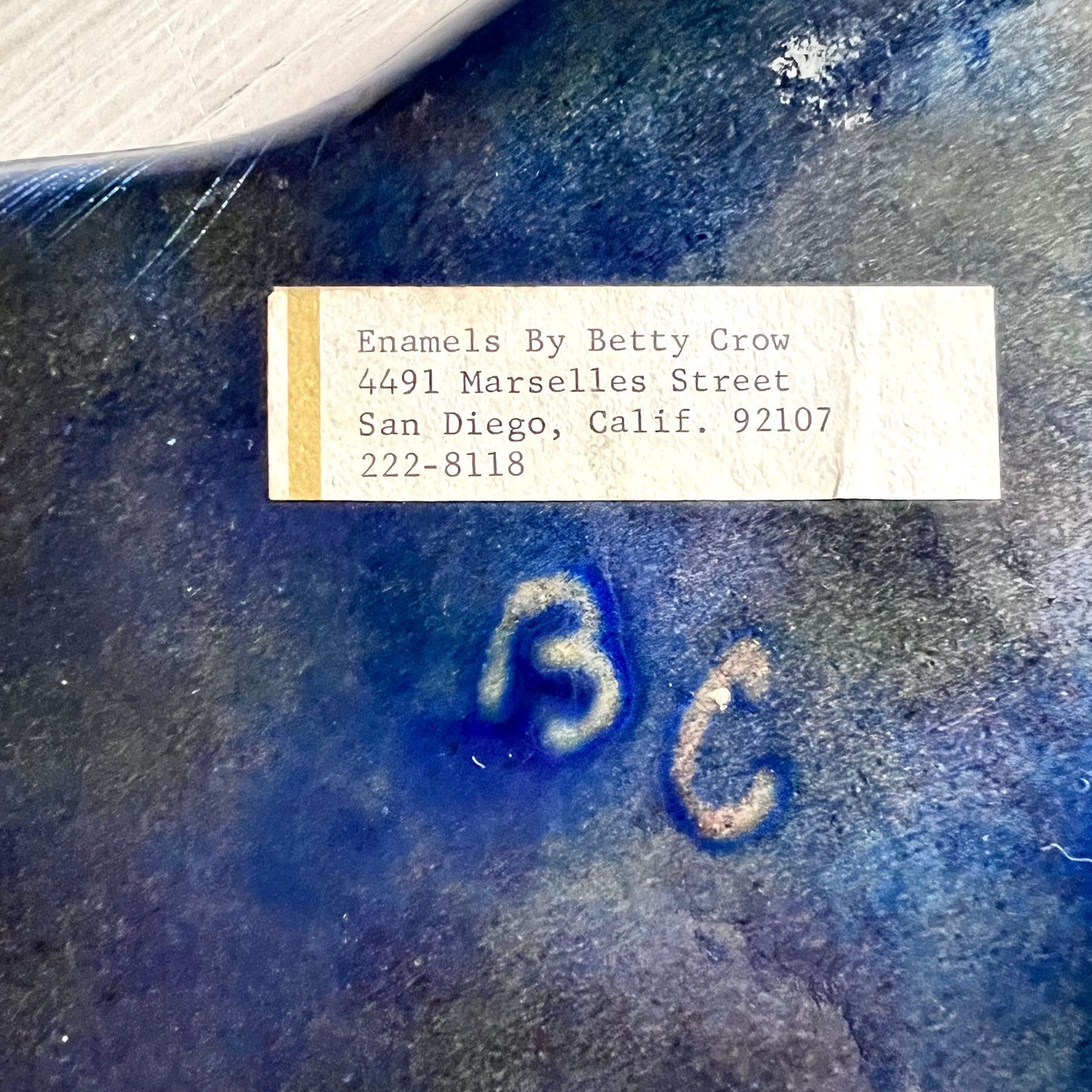 Mid Century Abstract Blue Enamel on Copper Dish by Betty Crow