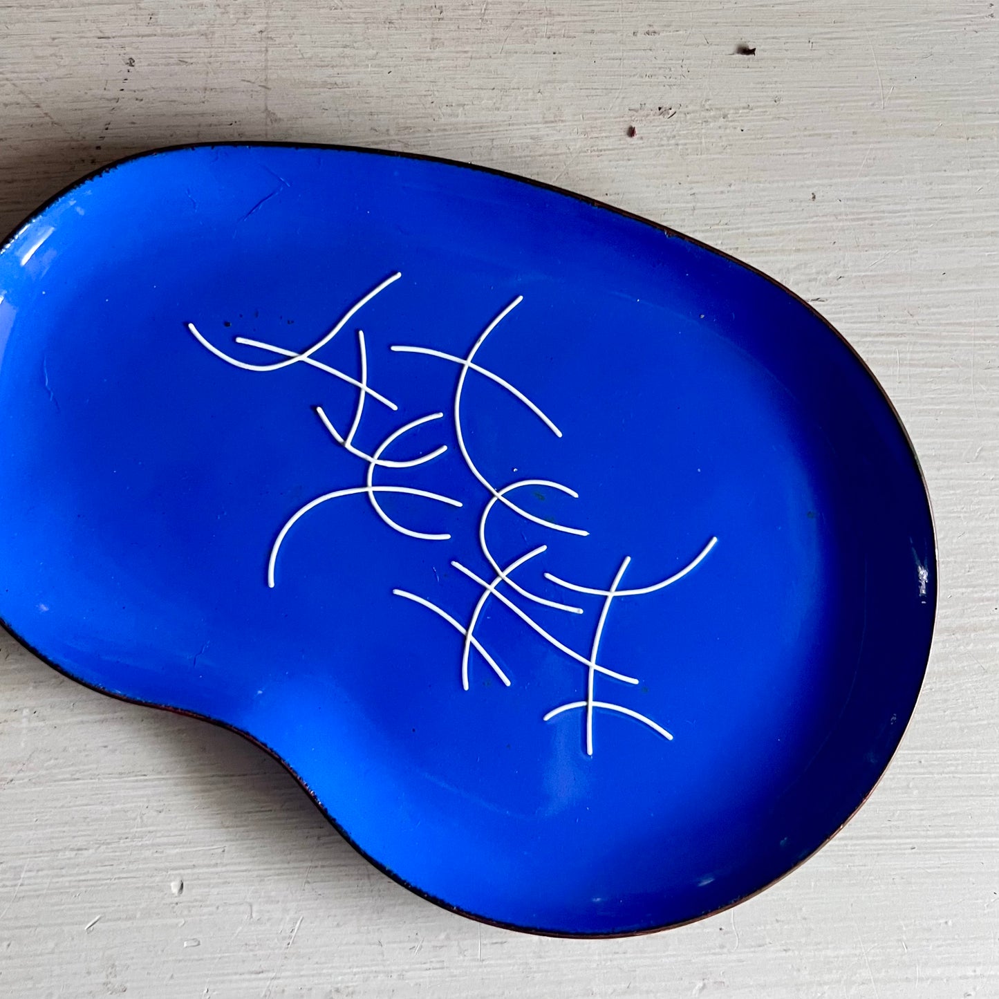 Mid Century Abstract Blue Enamel on Copper Dish by Betty Crow