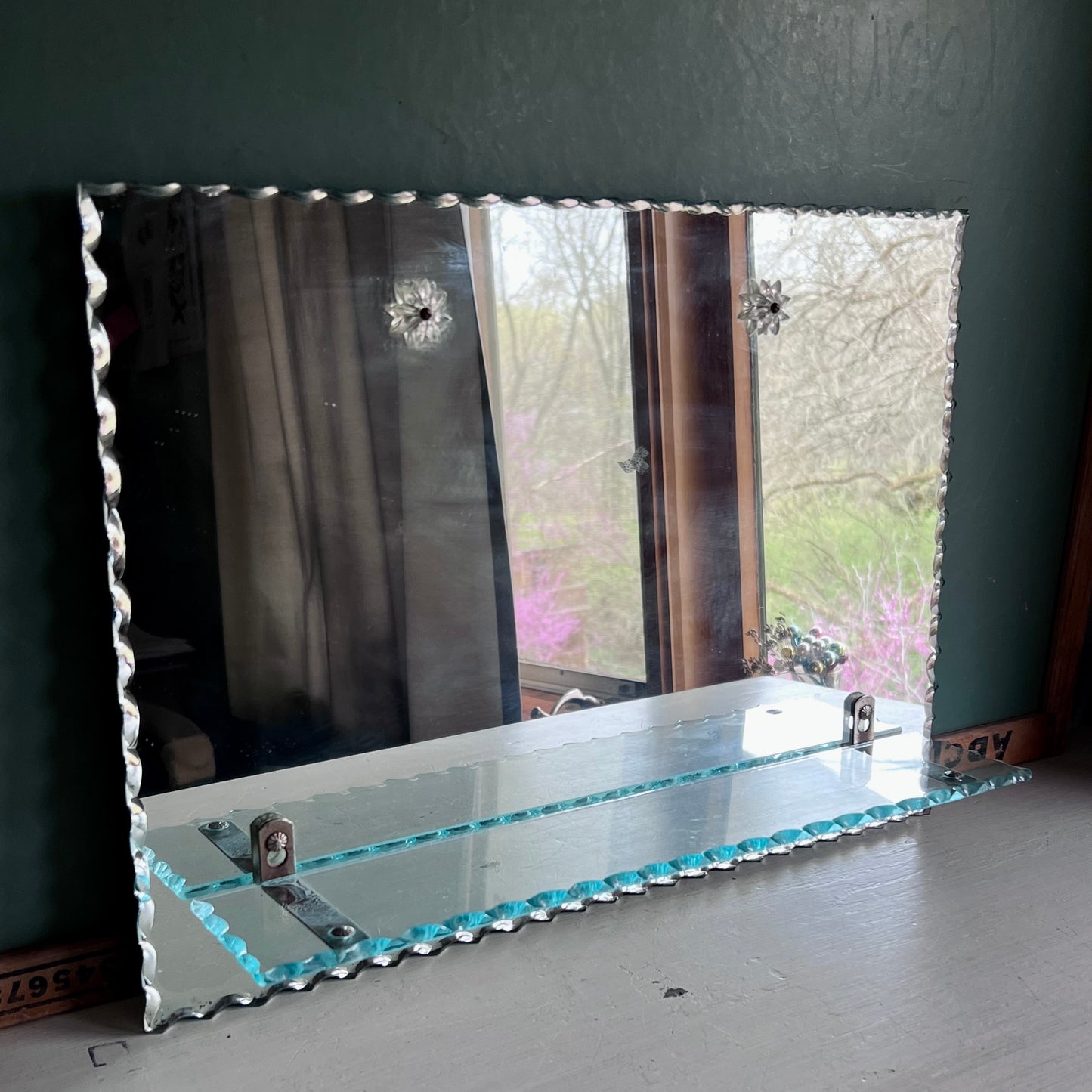 Vintage Piecrust Scalloped Edge Wall Mirror with Attached Shelf