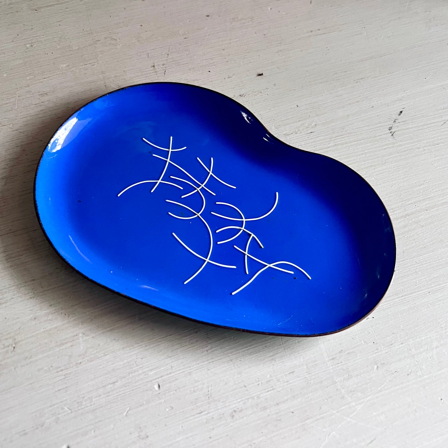 Mid Century Abstract Blue Enamel on Copper Dish by Betty Crow