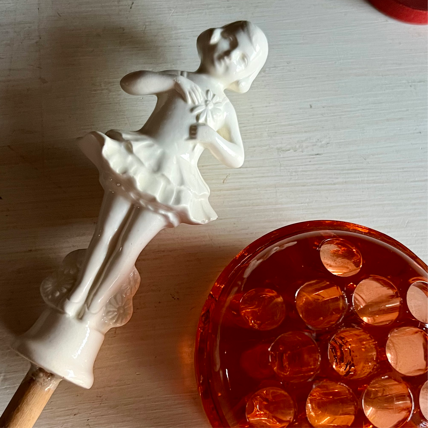 Vintage Peach Glass Flower Frog with Removable German Ballerina
