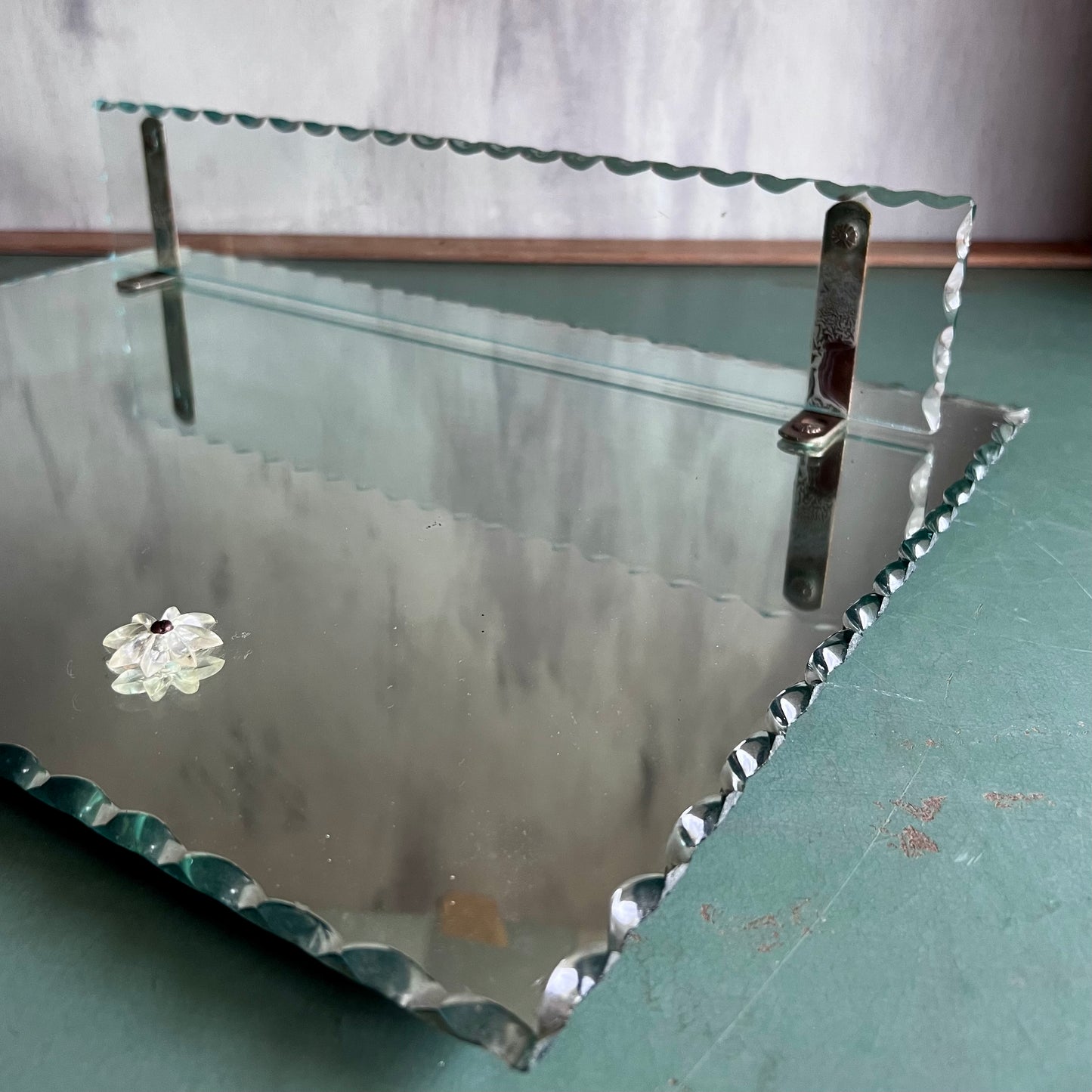 Vintage Piecrust Scalloped Edge Wall Mirror with Attached Shelf
