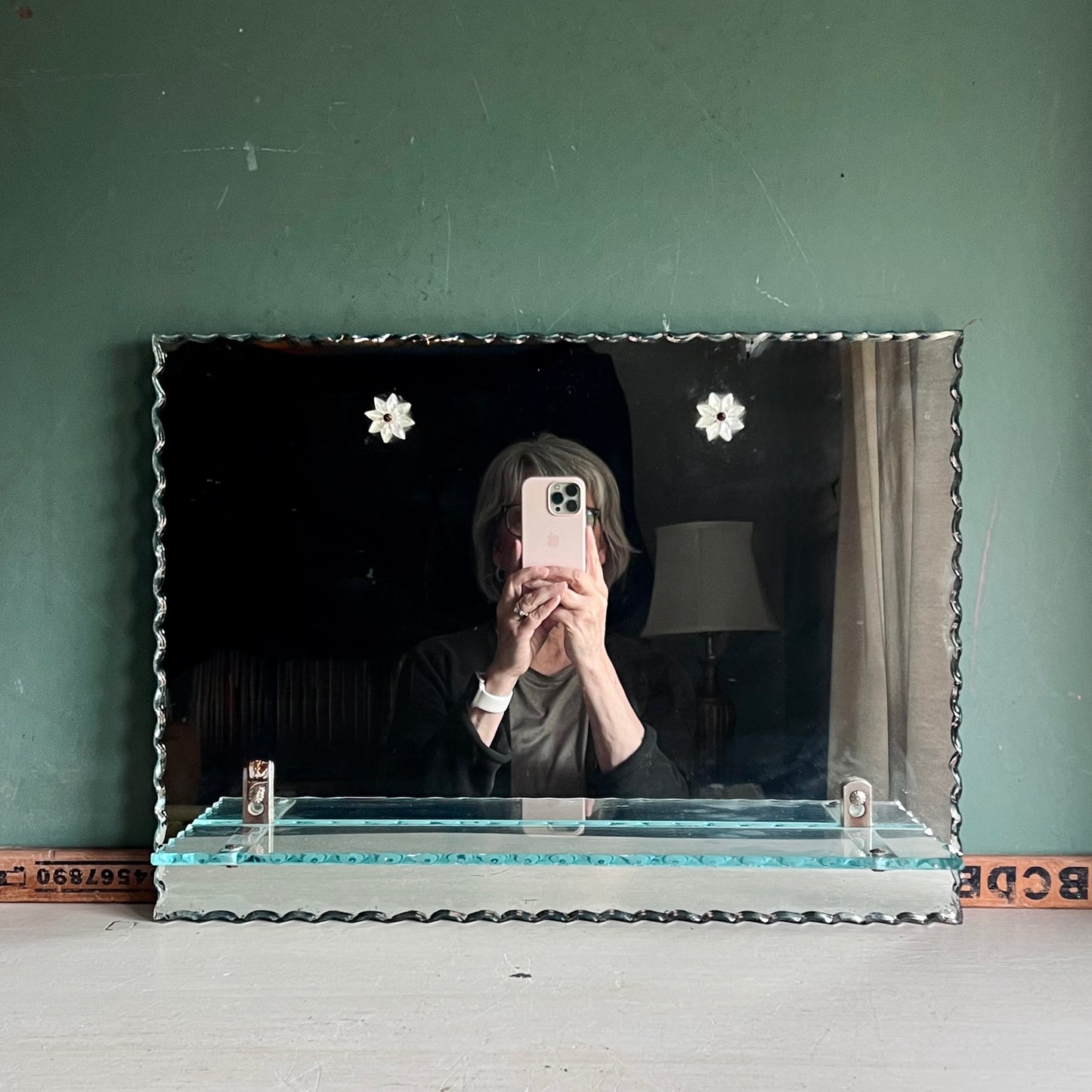 Vintage Piecrust Scalloped Edge Wall Mirror with Attached Shelf