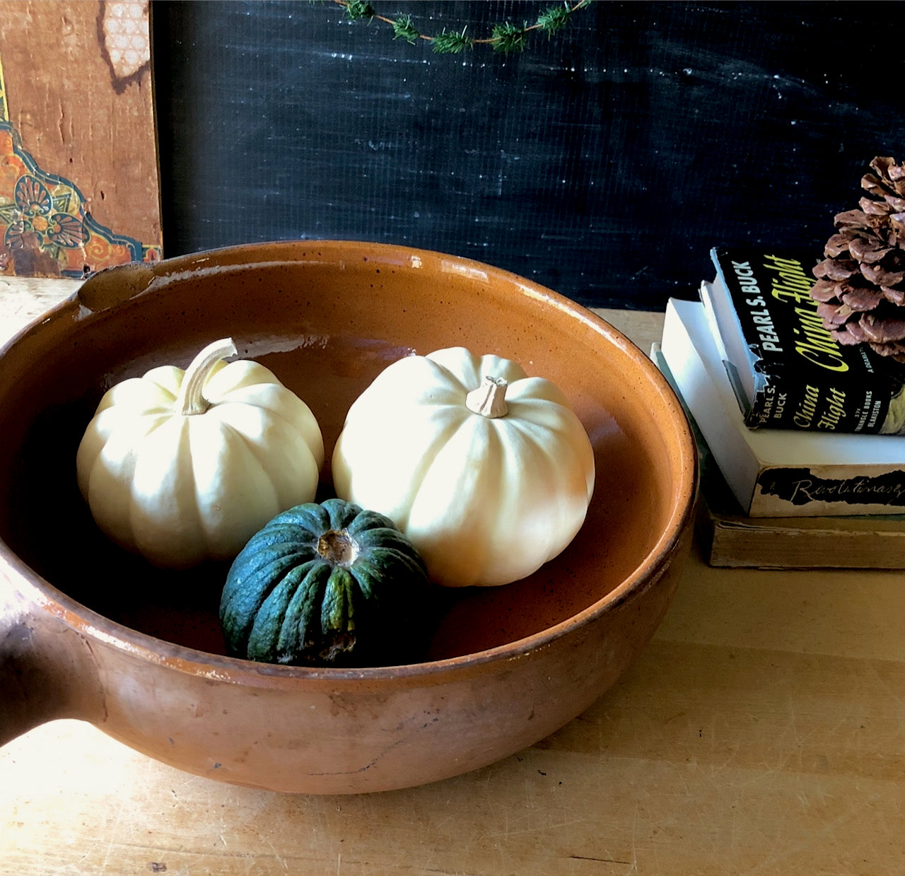 Vintage French Clay Baking Dish with Handle (c.1900s)