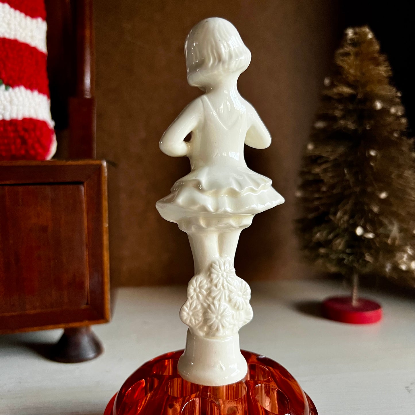 Vintage Peach Glass Flower Frog with Removable German Ballerina
