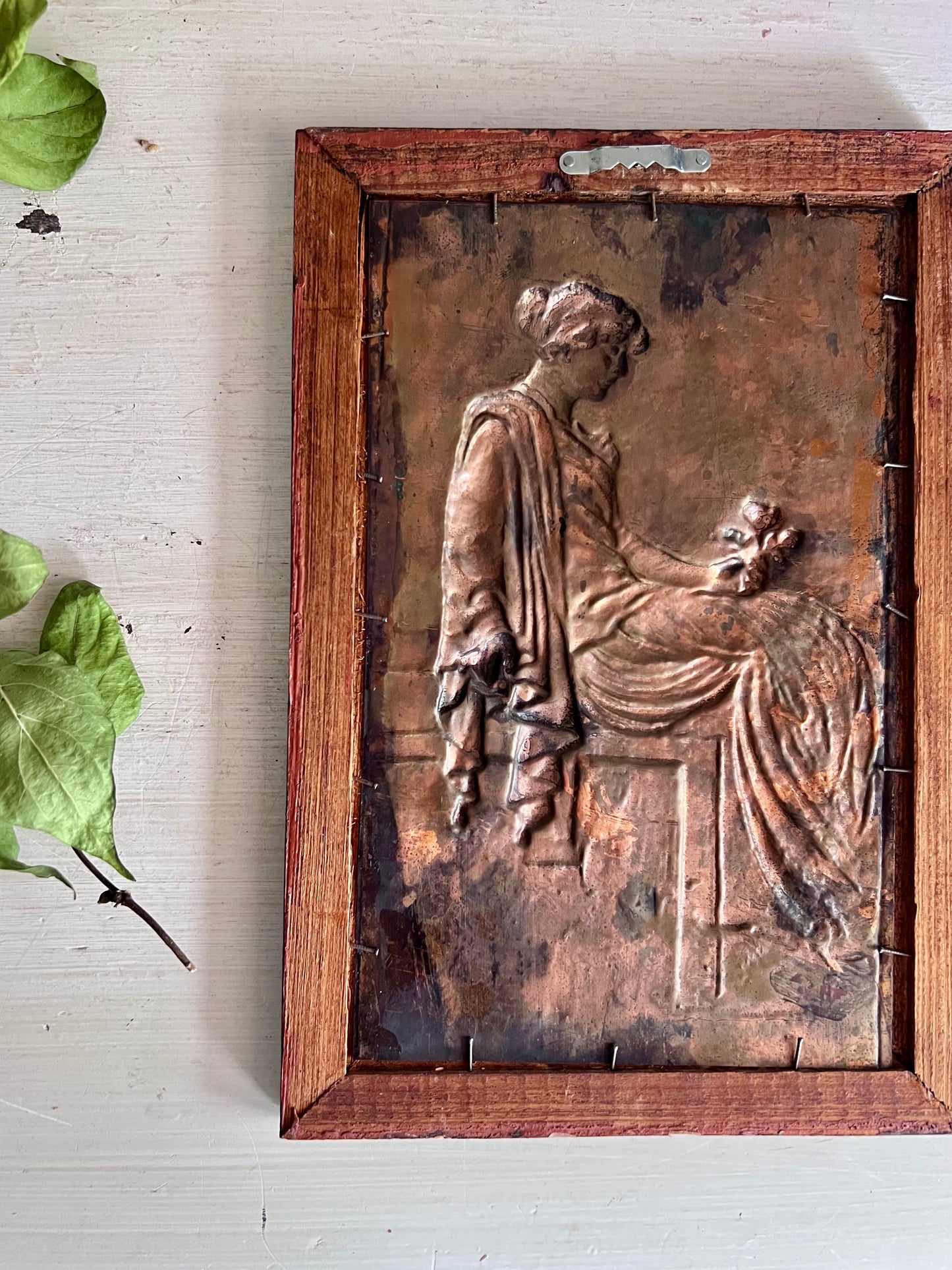 Framed Copper Repousse of Juliet Holding Flower