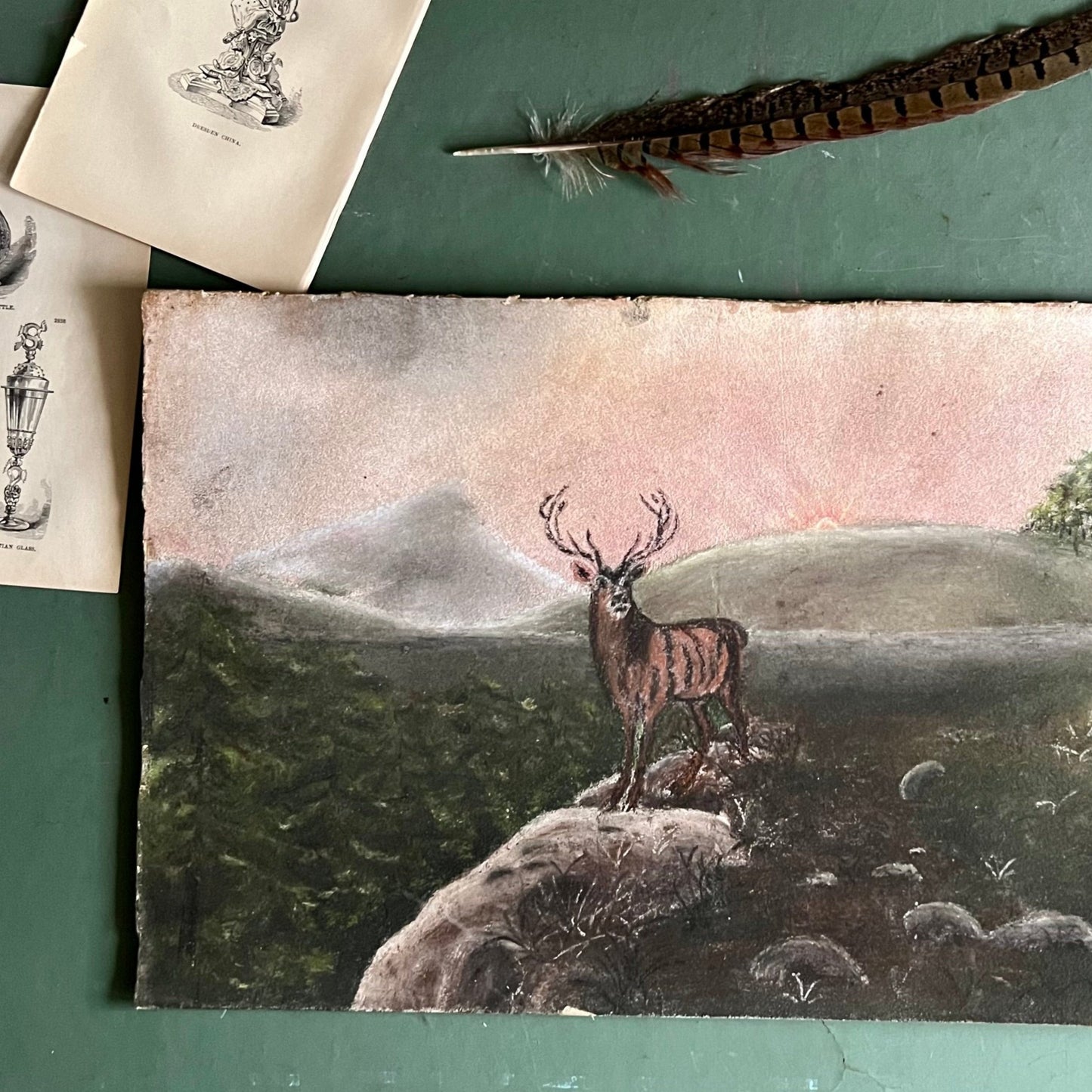 Rustic Chalk Landscape Painting with Elk (c.1950s)