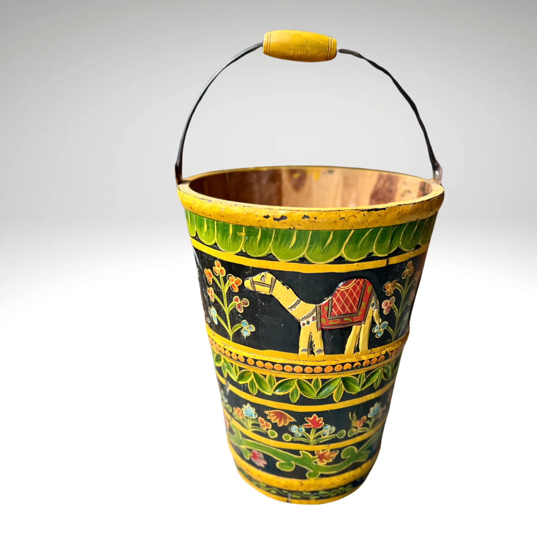 Folk Art Painted Wooden Bucket with Camel and Floral Motif