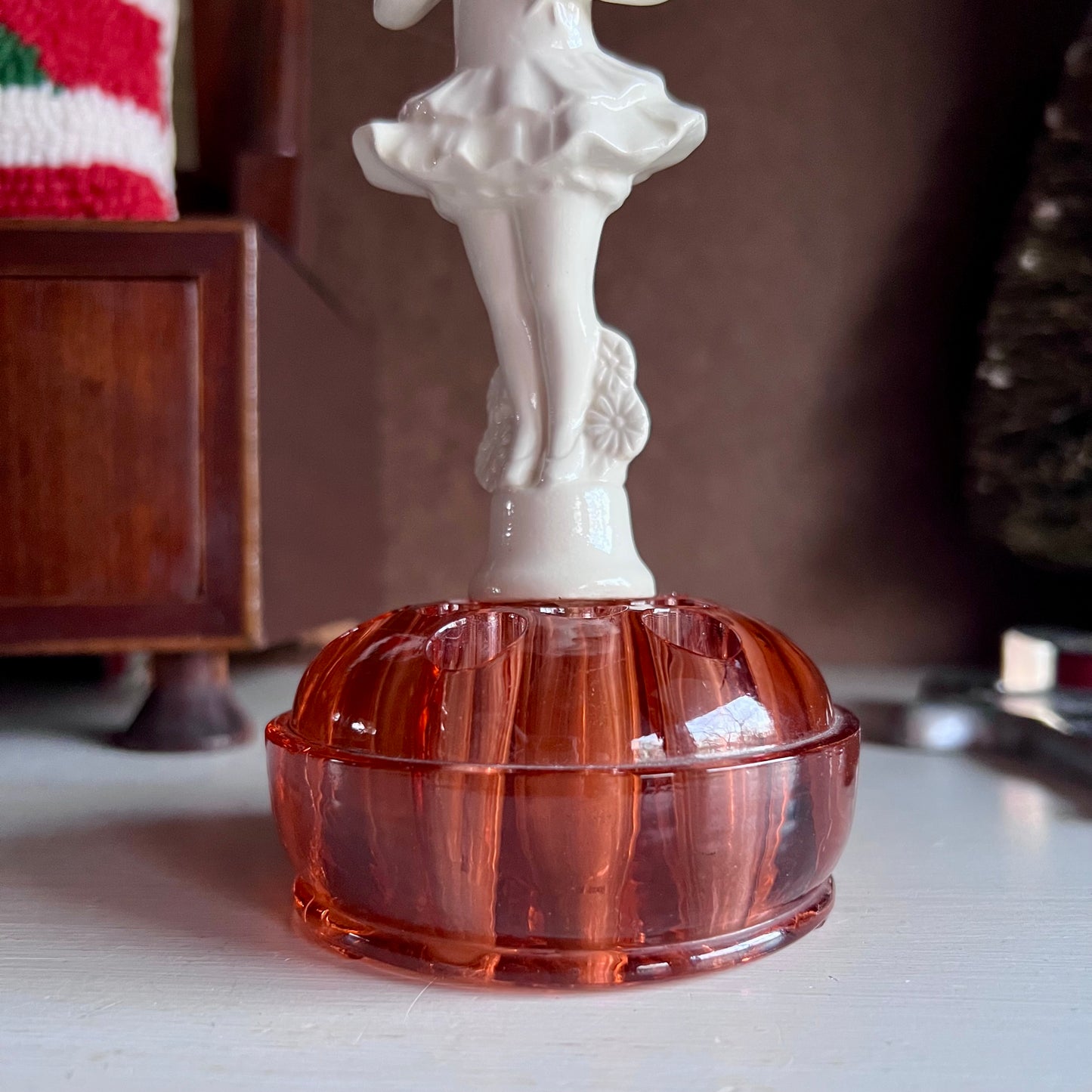 Vintage Peach Glass Flower Frog with Removable German Ballerina