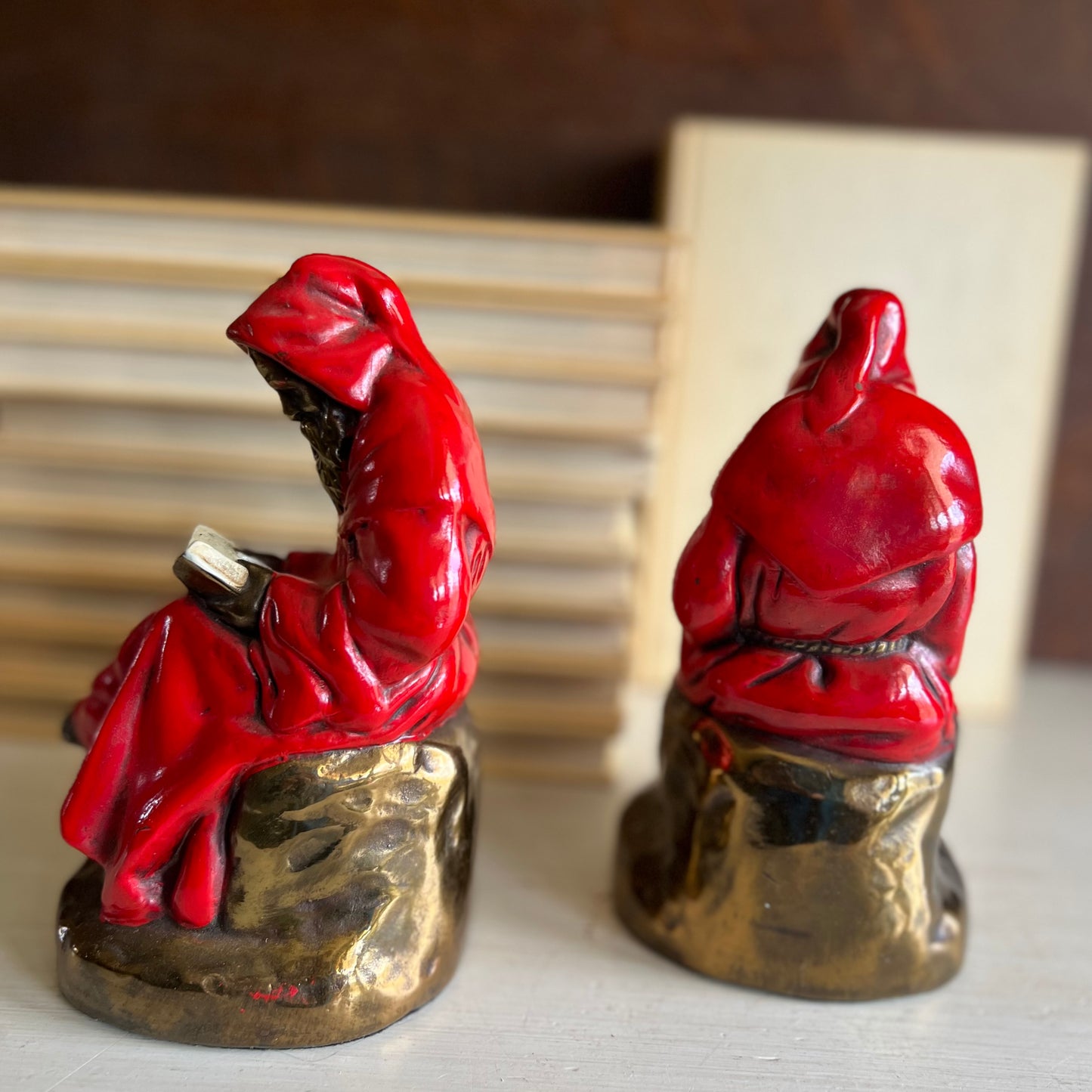 Vintage Bronze Reading Monks Figural Bookends