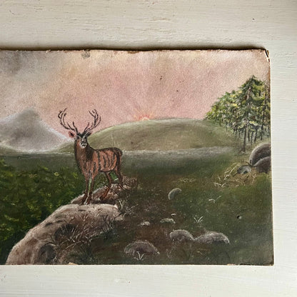 Rustic Chalk Landscape Painting with Elk (c.1950s)