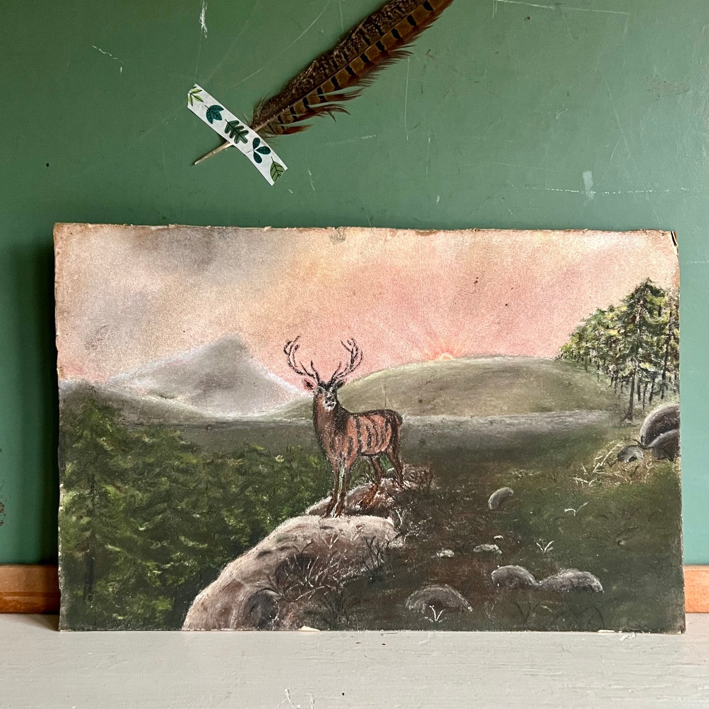 Rustic Chalk Landscape Painting with Elk (c.1950s)