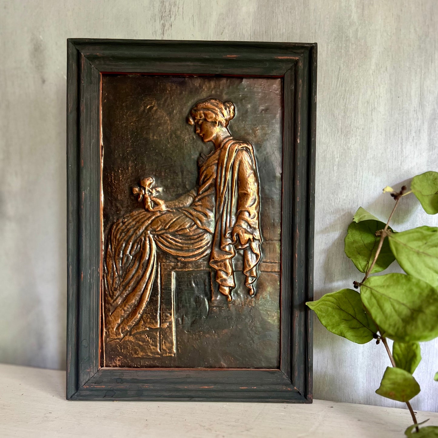 Framed Copper Repousse of Juliet Holding Flower