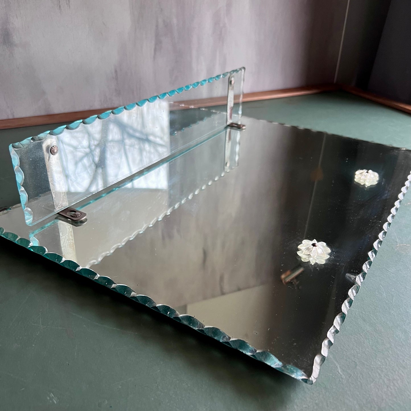 Vintage Piecrust Scalloped Edge Wall Mirror with Attached Shelf
