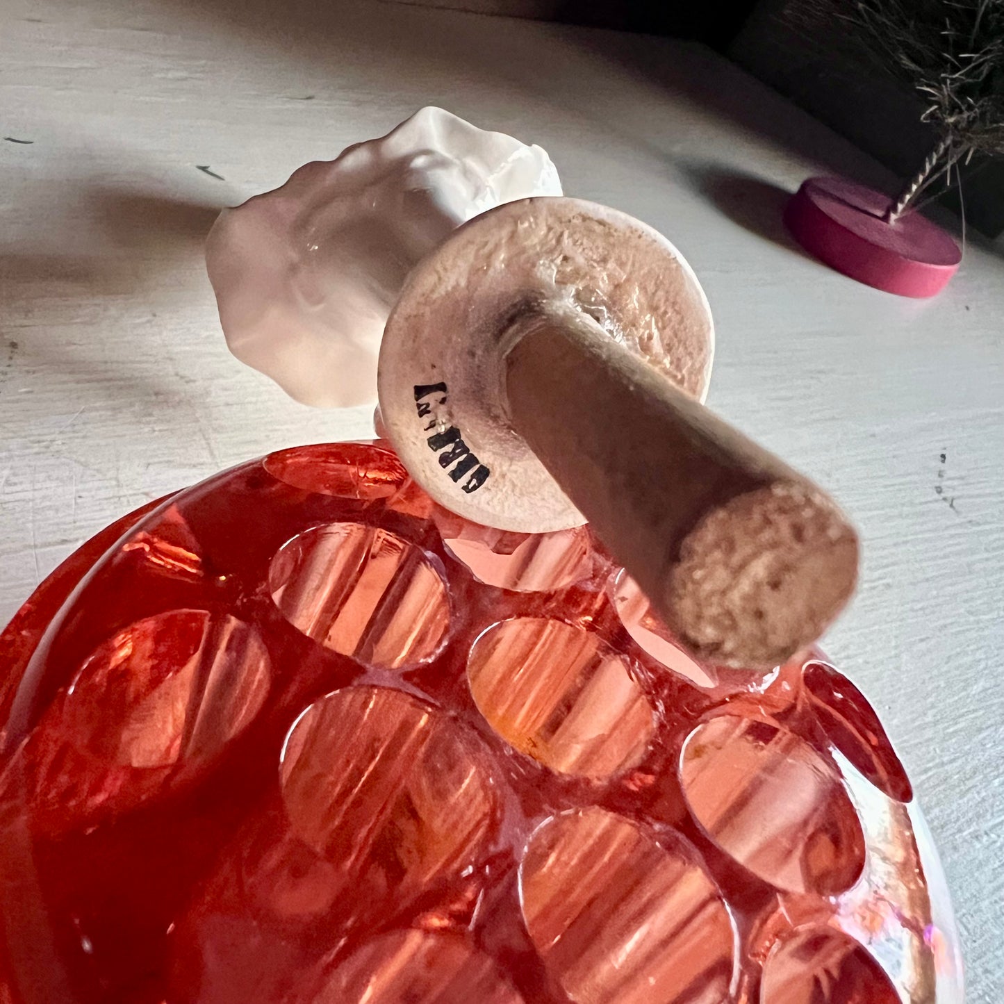 Vintage Peach Glass Flower Frog with Removable German Ballerina