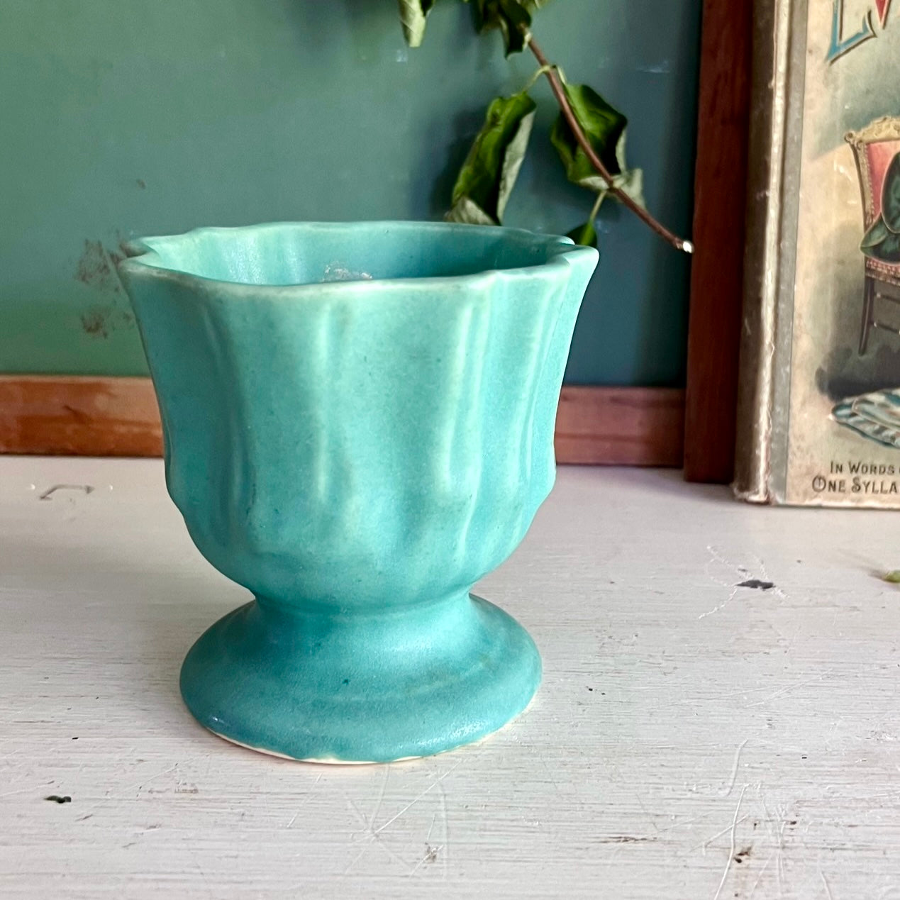Early Matte Green Brush Pottery Footed 4” Jardiniere Planter