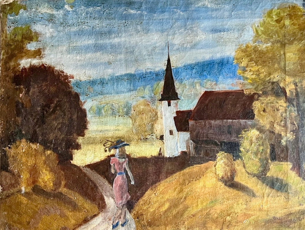 Rustic Old Landscape Painting with Church