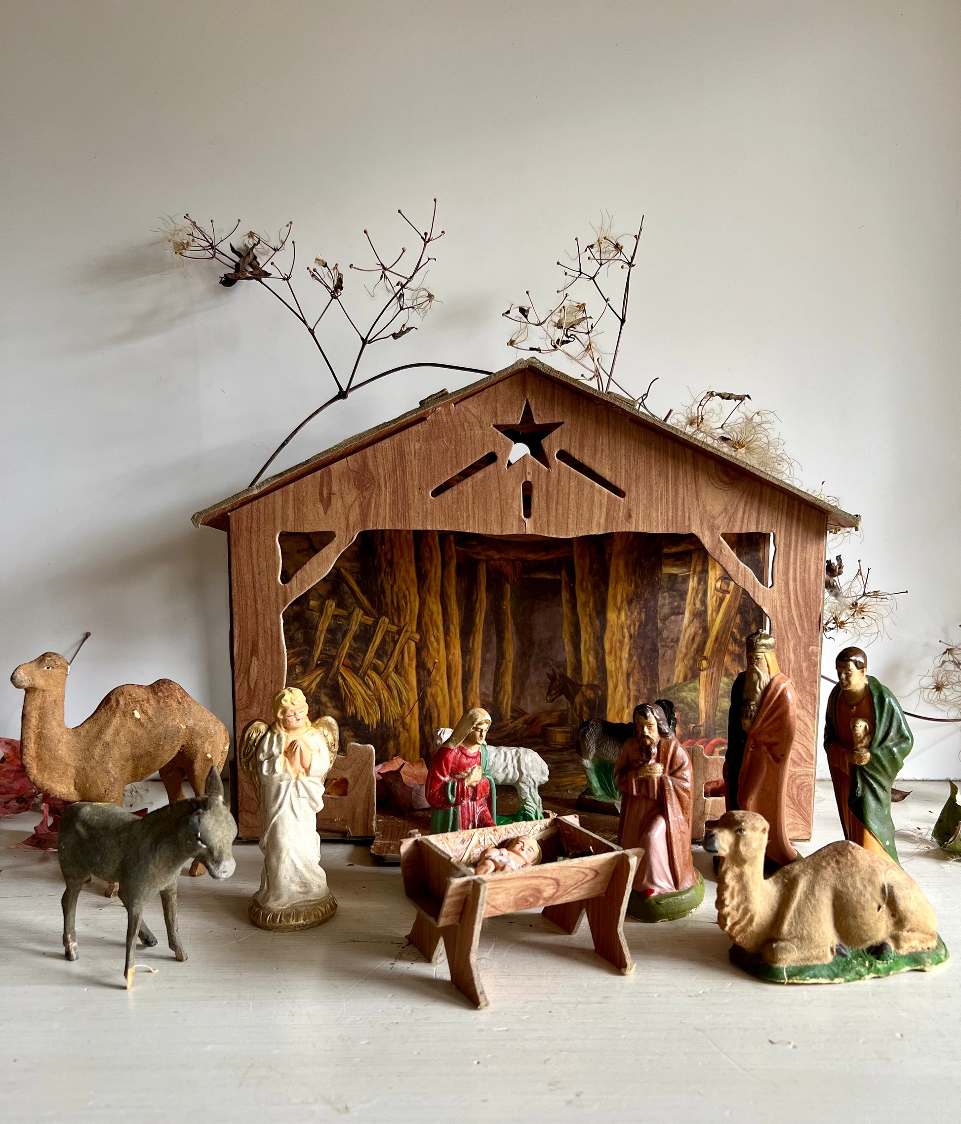 Vintage Wood and Cardboard Nativity Scene