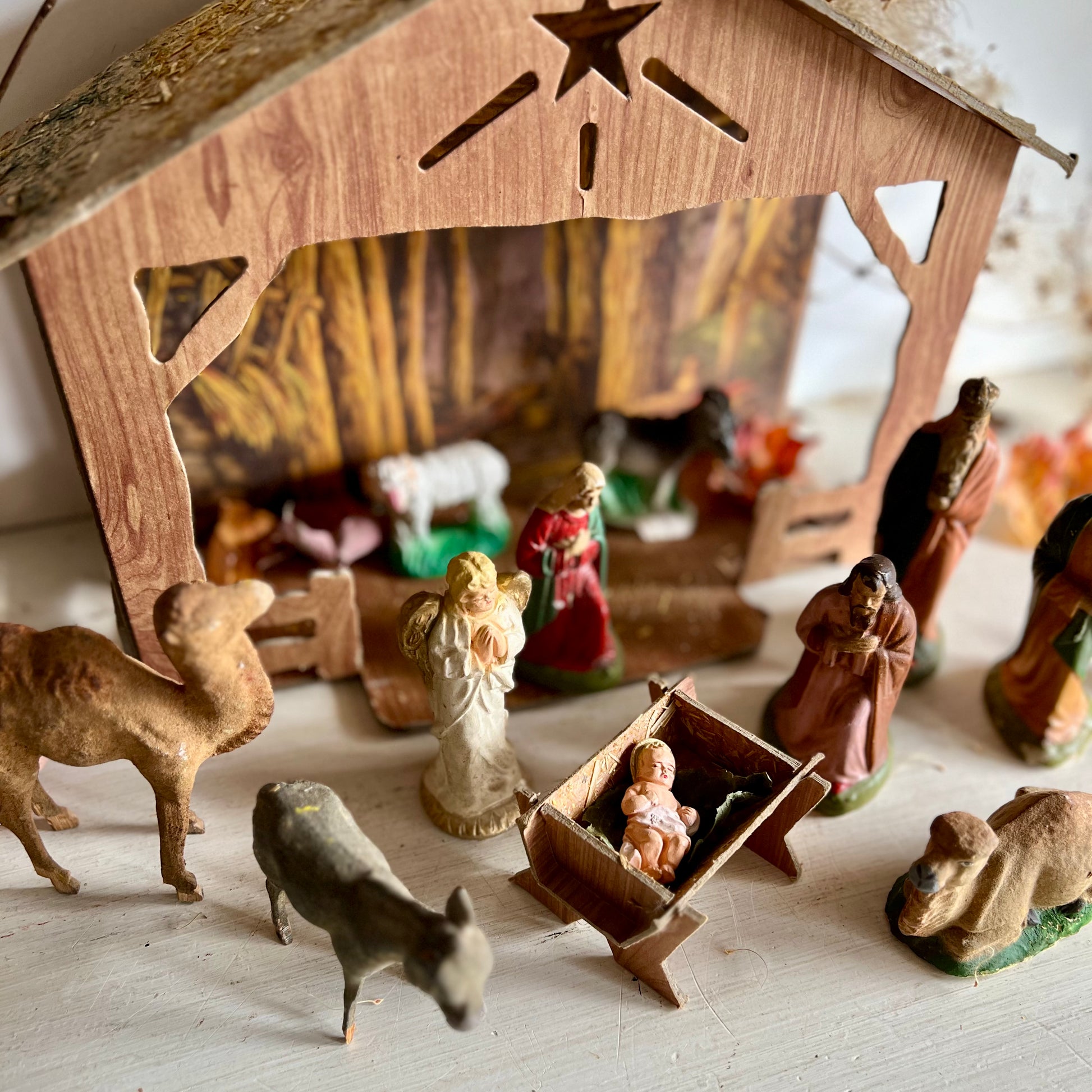 Vintage Wood and Cardboard Nativity Scene