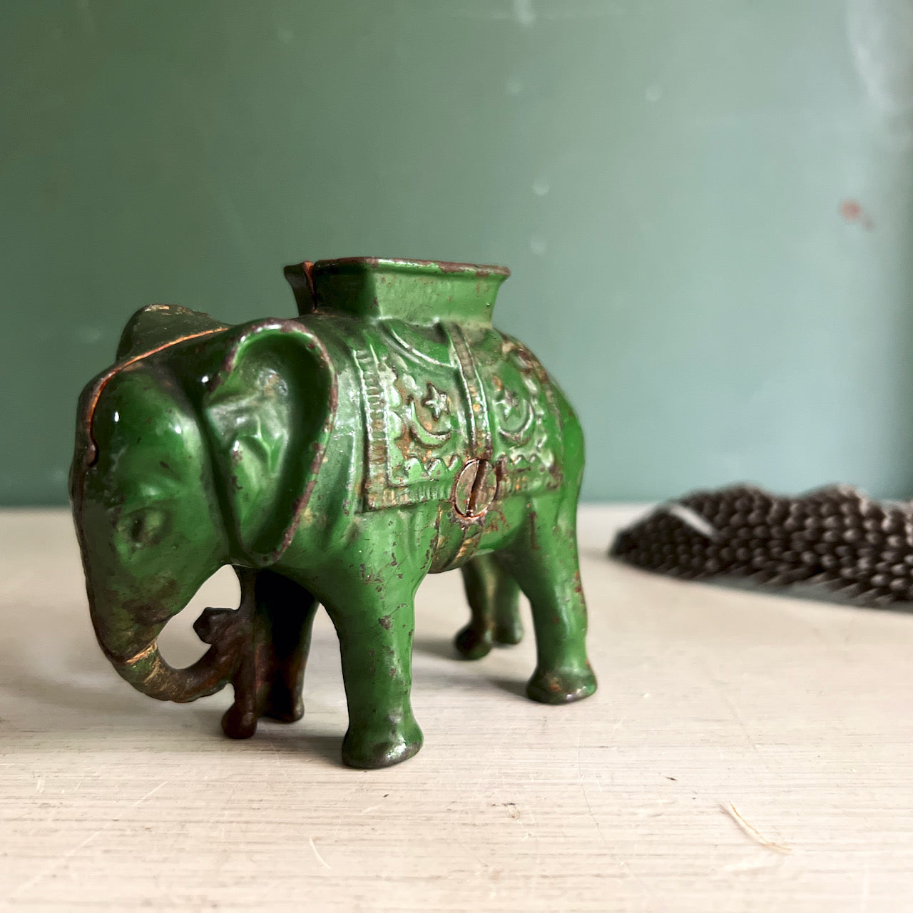 Old Green Cast Iron Elephant Coin Bank (c.1920s)