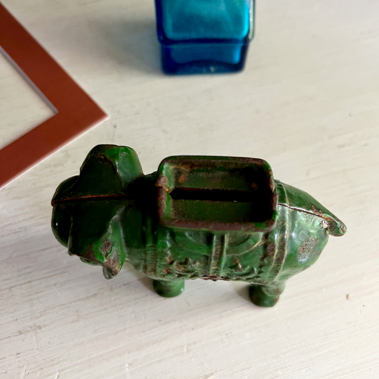 Old Green Cast Iron Elephant Coin Bank (c.1920s)