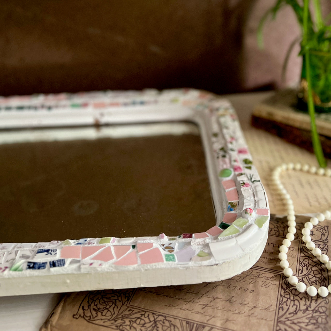 Pink Floral Mosaic on Antique Mirror