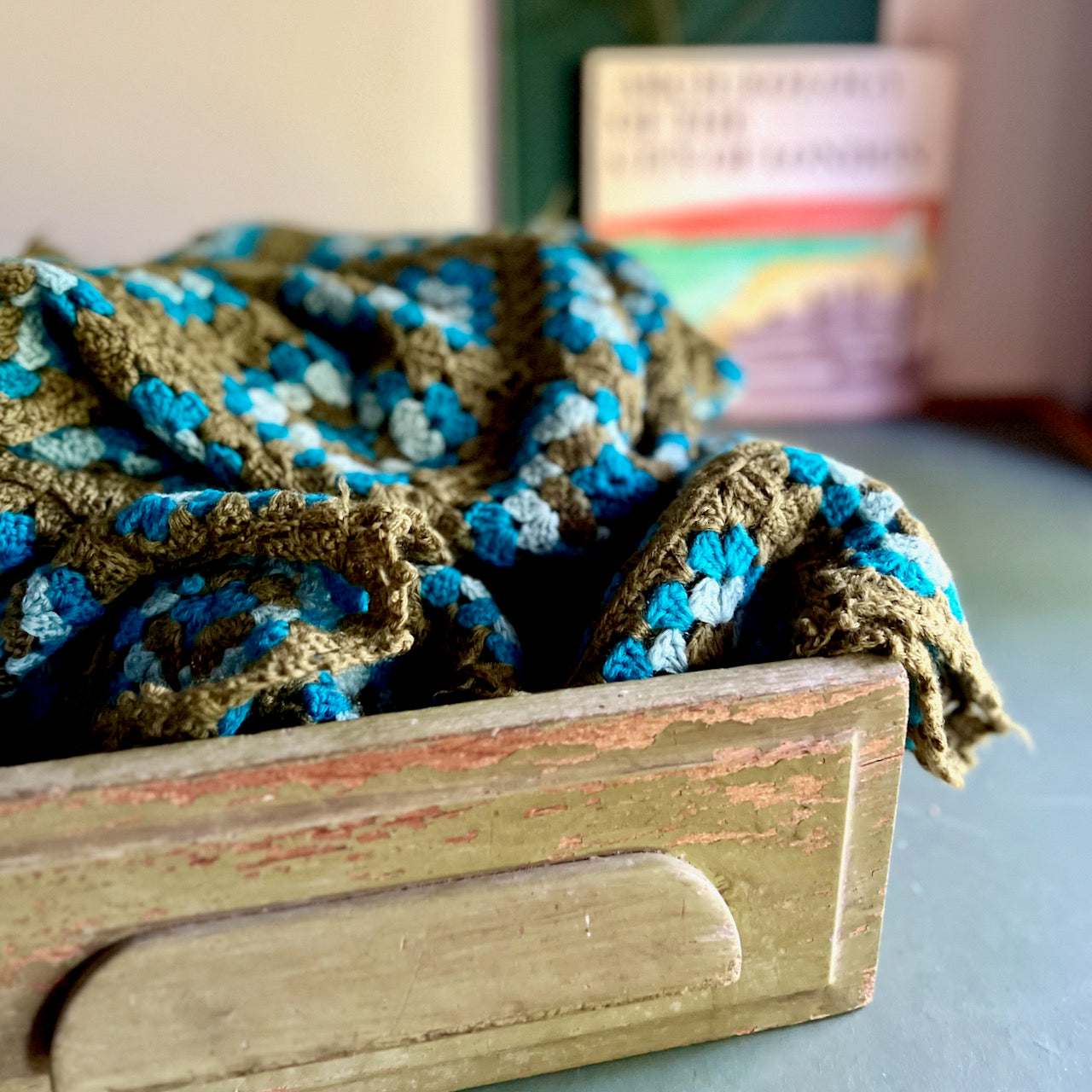 Old Teal and Avocado Granny Square Afghan