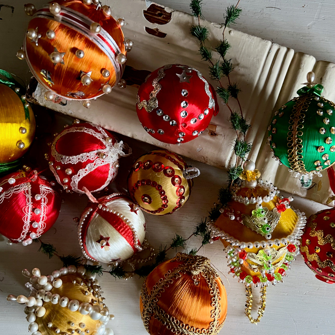 Twelve Vintage Push Pin Christmas Ornaments (c.1960s)
