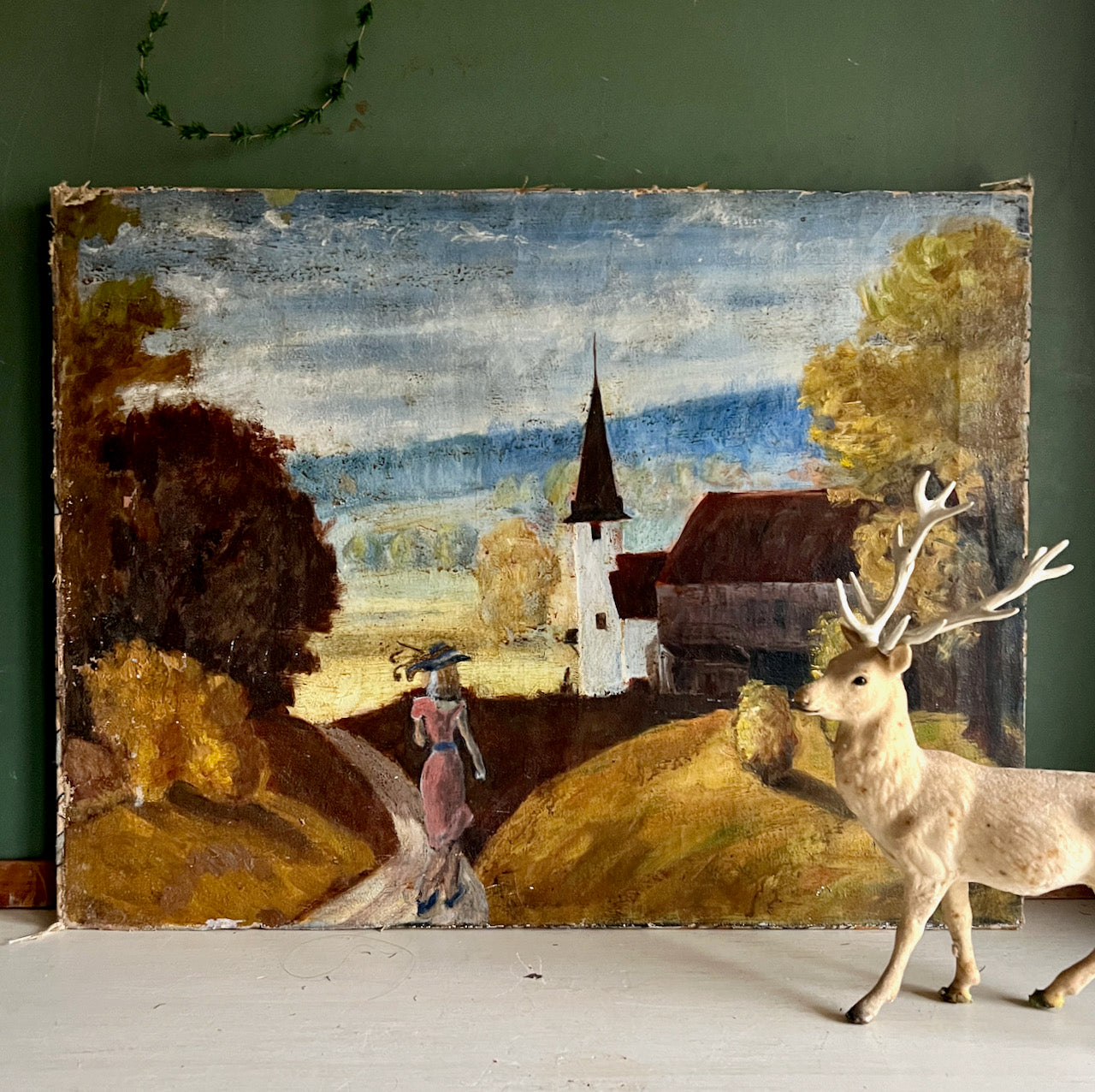 Rustic Old Landscape Painting with Church