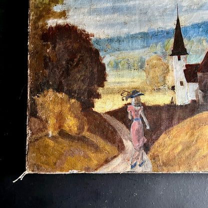 Rustic Old Landscape Painting with Church