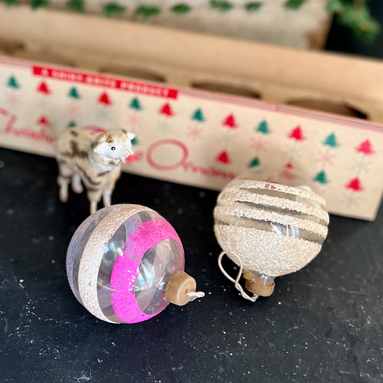 WWII Unsilvered Paper Cap Shiny Bright Glitter Ornaments (set of two)