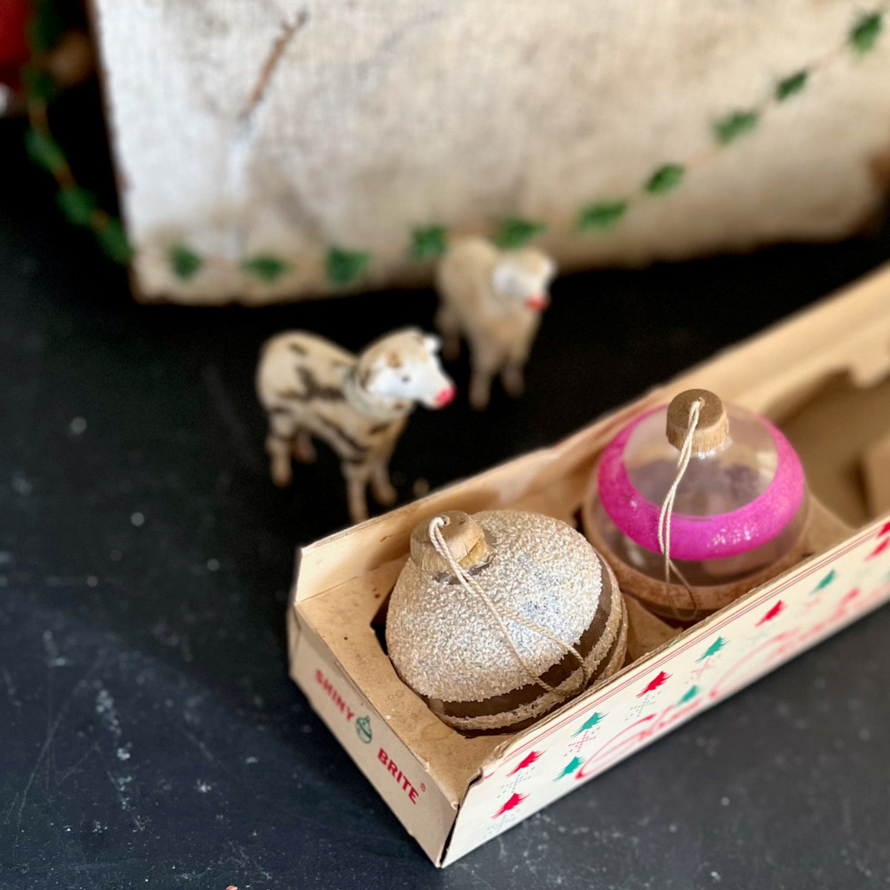 WWII Unsilvered Paper Cap Shiny Bright Glitter Ornaments (set of two)