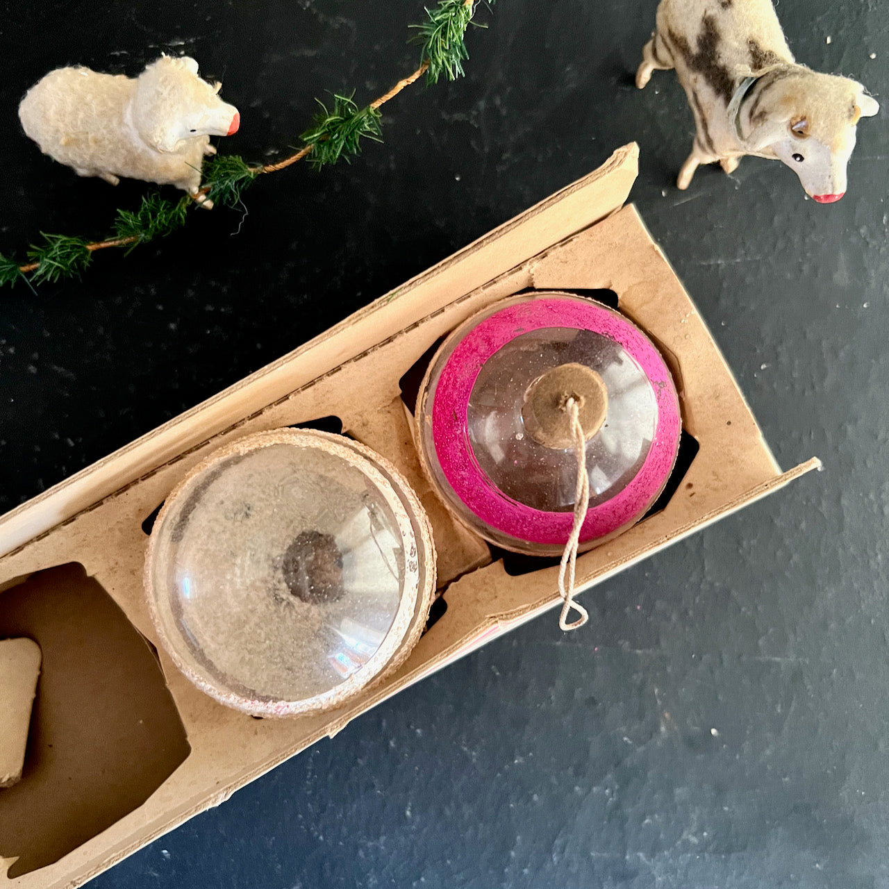 WWII Unsilvered Paper Cap Shiny Bright Glitter Ornaments (set of two)