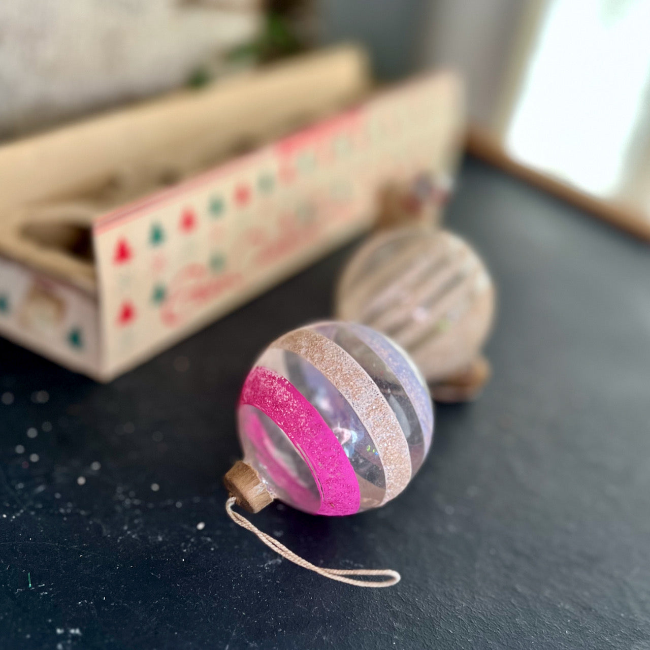 WWII Unsilvered Paper Cap Shiny Bright Glitter Ornaments (set of two)