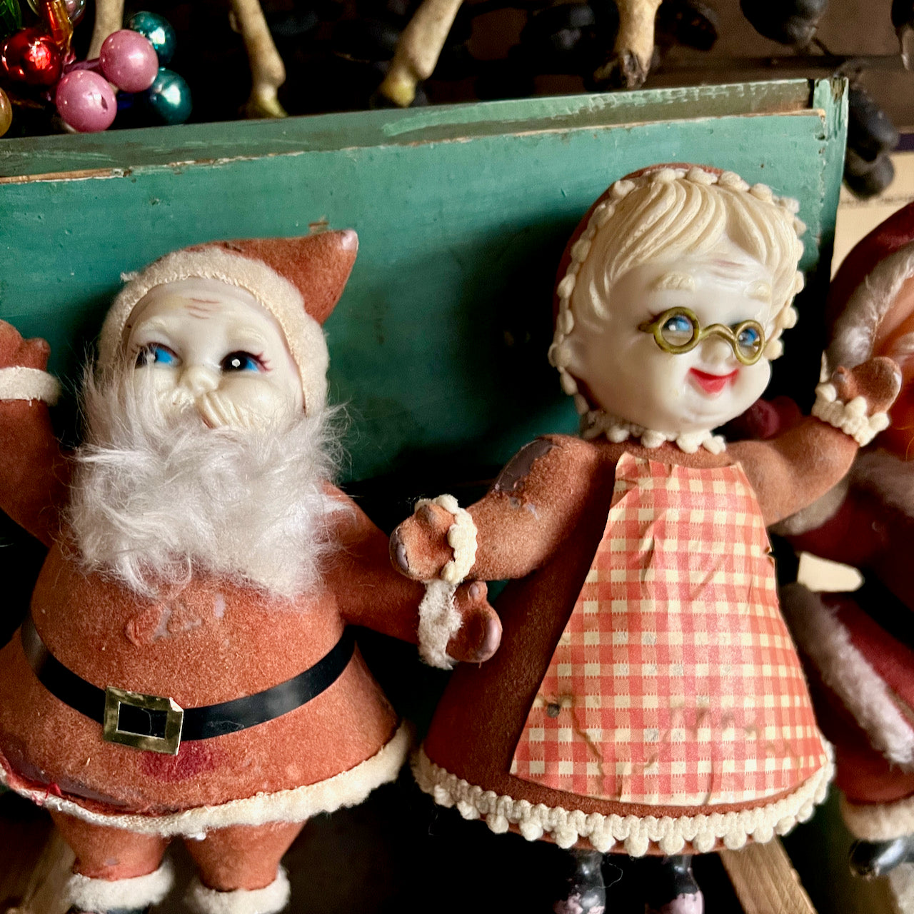 Weathered and Worn Flocked Santas and Mrs. Claus