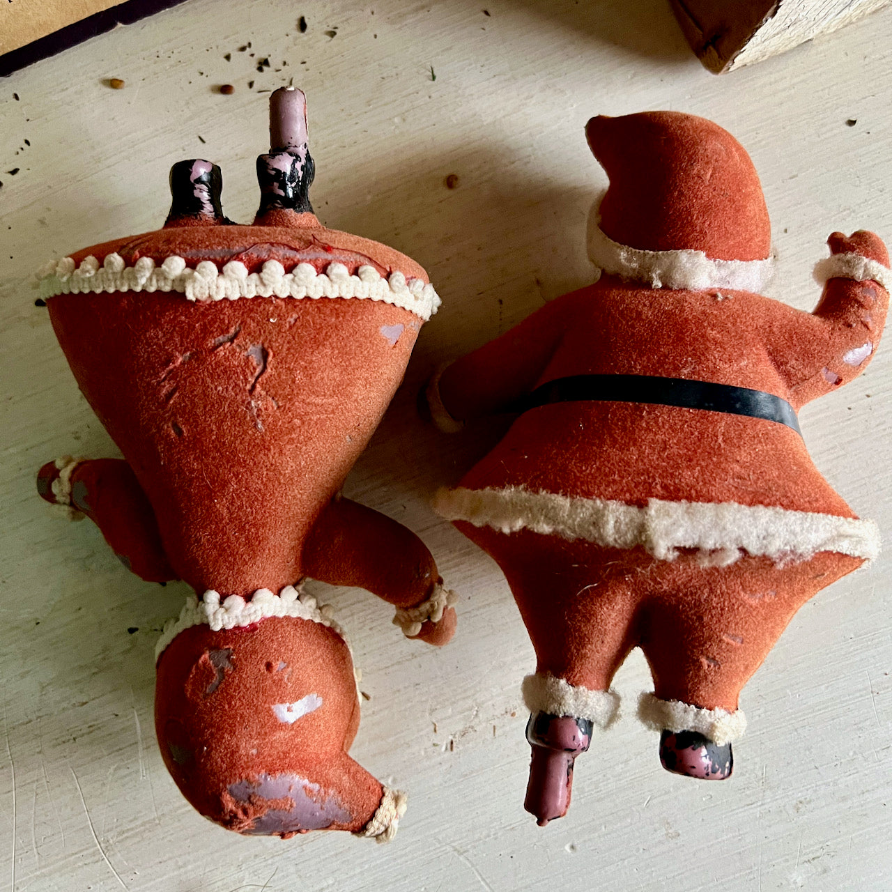 Weathered and Worn Flocked Santas and Mrs. Claus