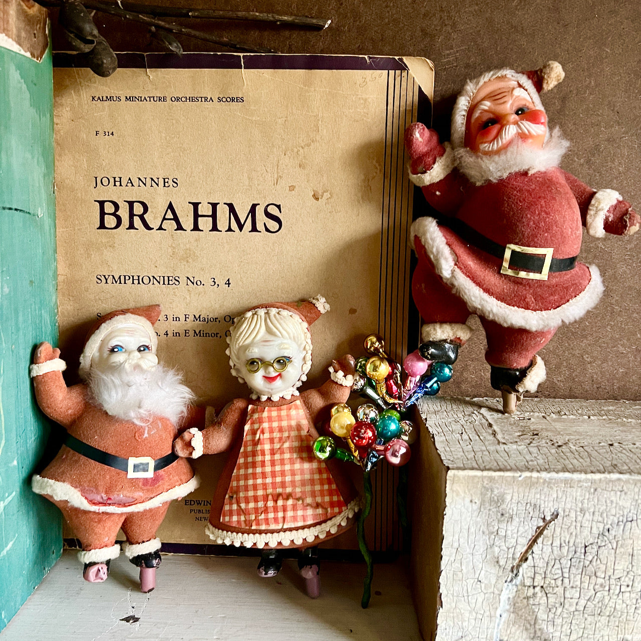 Weathered and Worn Flocked Santas and Mrs. Claus