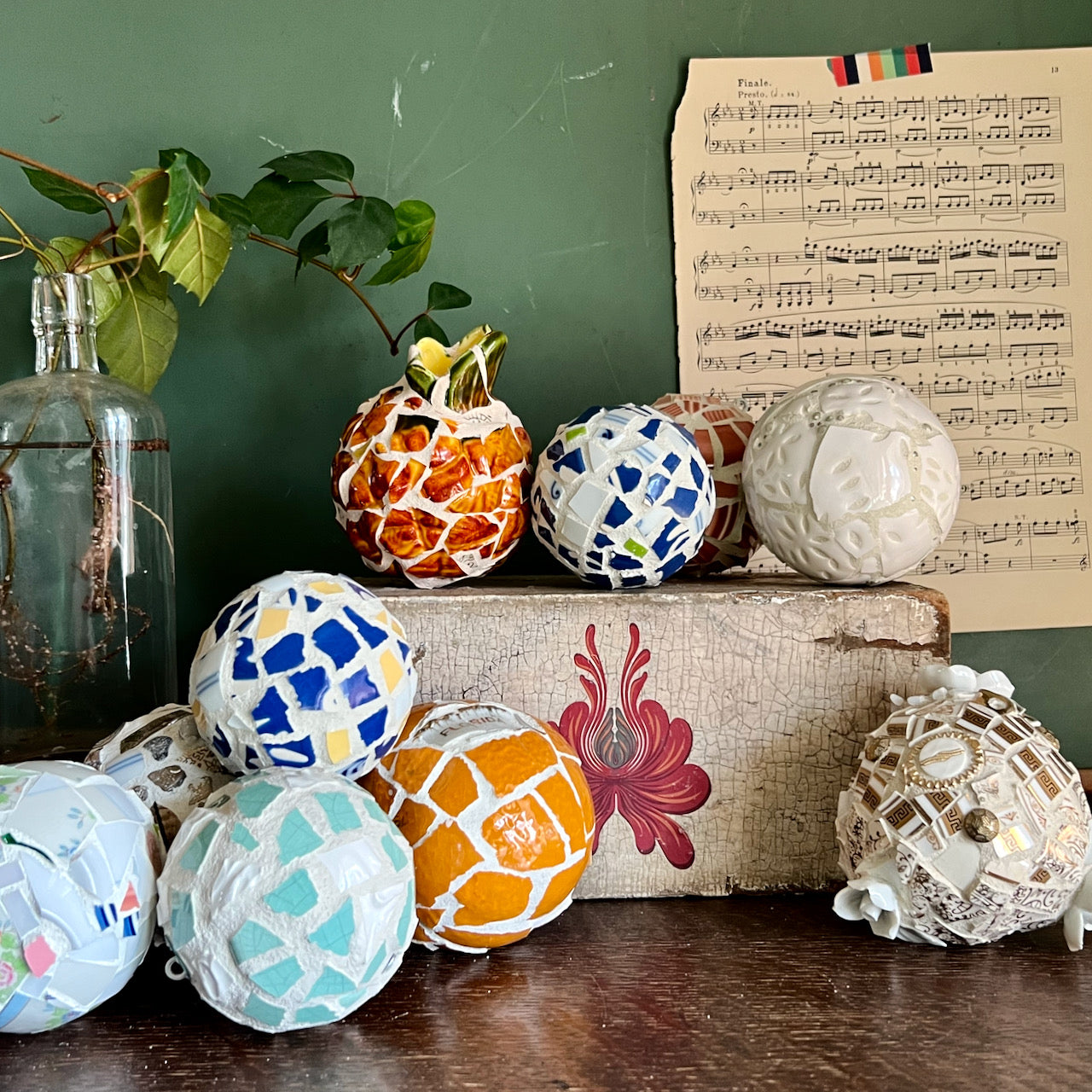 Upcycled Hand Crafted Mosaic Ornament Balls