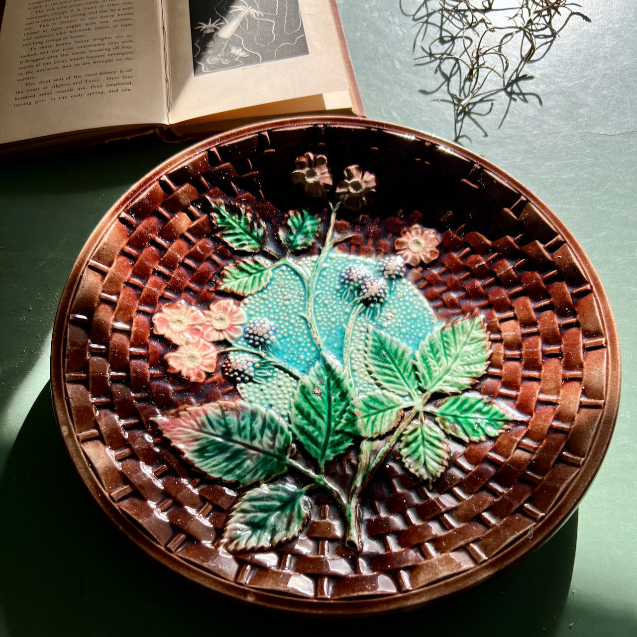 19th C. English Majolica Blackberry Basket Weave Plate