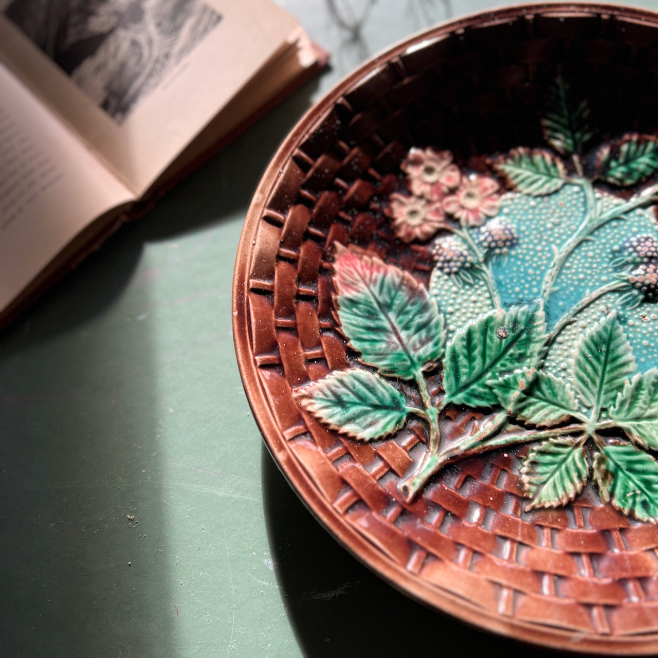 19th C. English Majolica Blackberry Basket Weave Plate