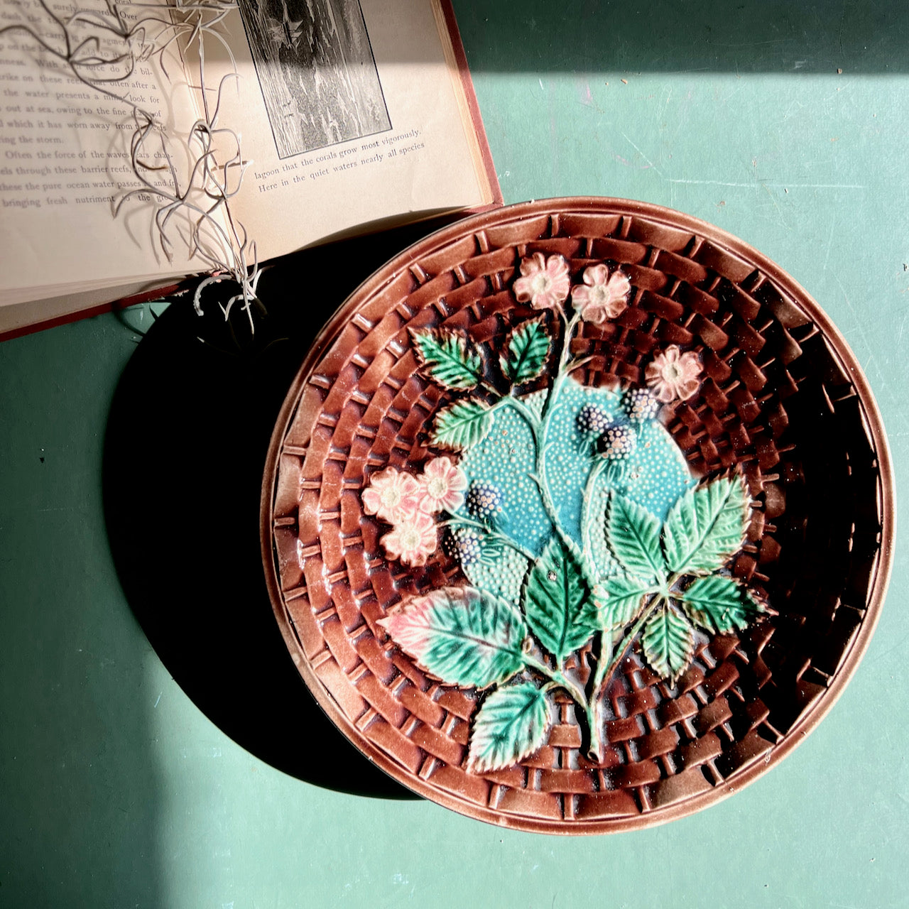 19th C. English Majolica Blackberry Basket Weave Plate