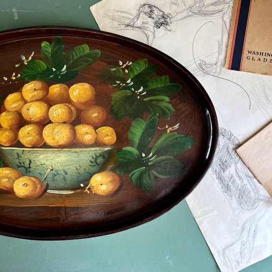 Vintage Bentwood Oval Tray with Painted Apricots