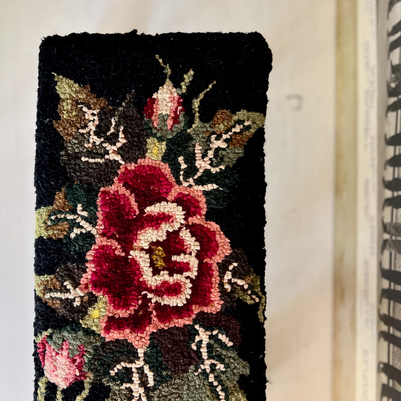 Floral Hook Rug Covered Footstool