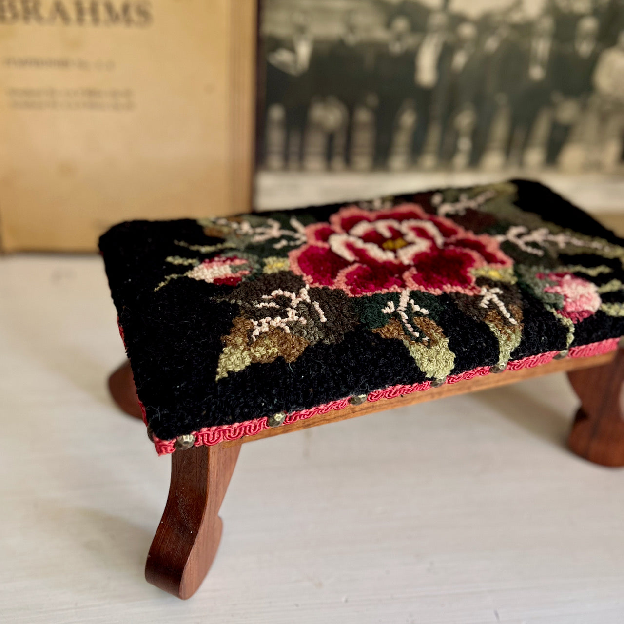 Floral Hook Rug Covered Footstool