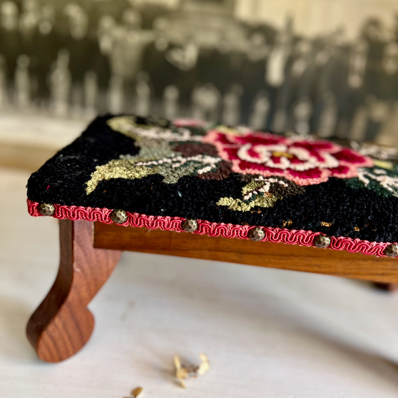 Floral Hook Rug Covered Footstool